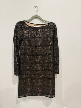 Black Lace Long-Sleeve Sheath Dress with Nude Slip
